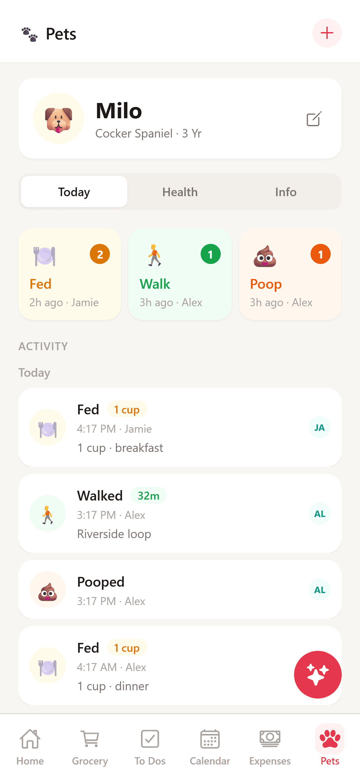 Homeful's pet screen: Milo's day, showing he was fed 3 hours ago by Jamie and walked an hour ago, with the full activity log underneath.
